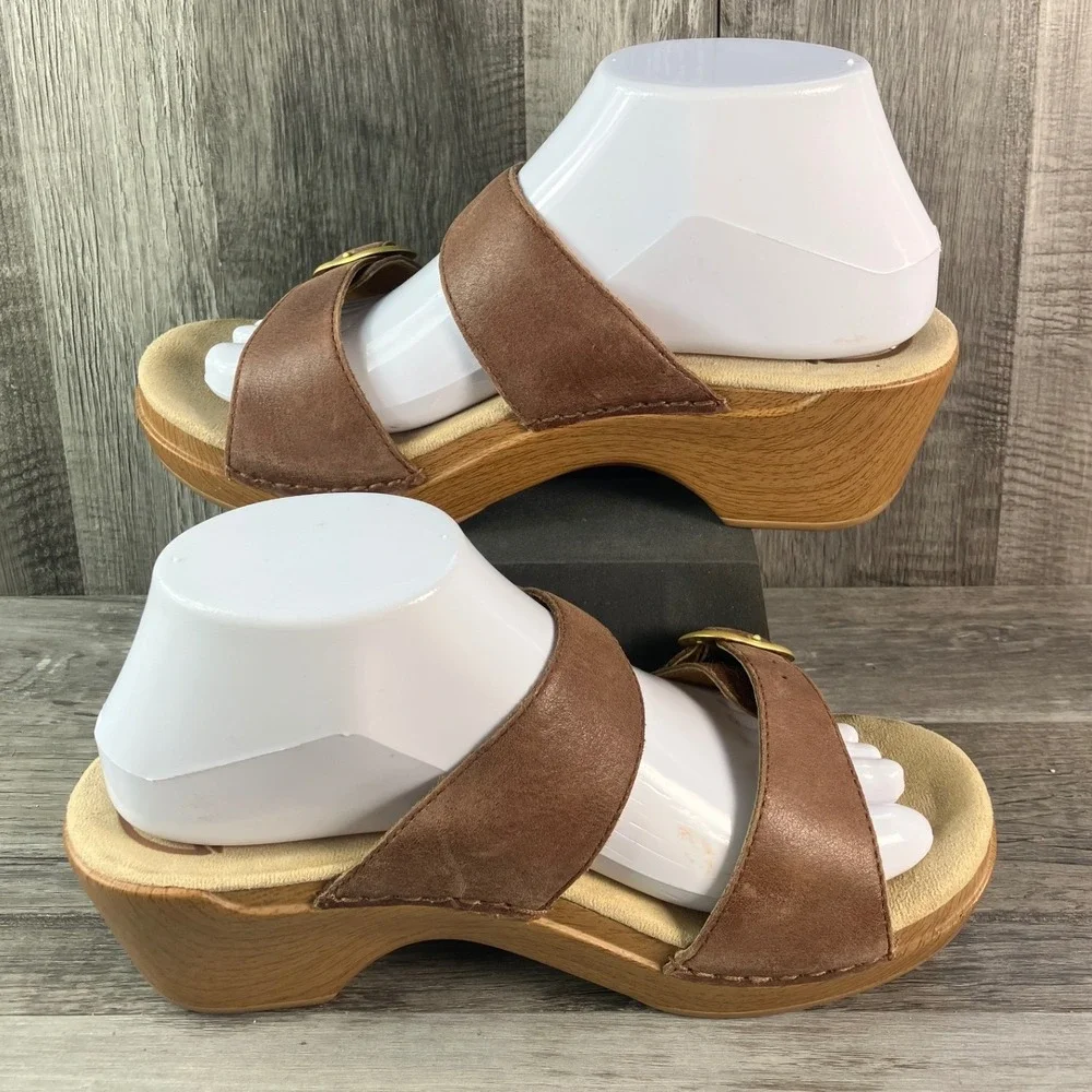 Dansko Brown Leather Two Strap Buckle Wedge Slide Sandals Clogs Size 39